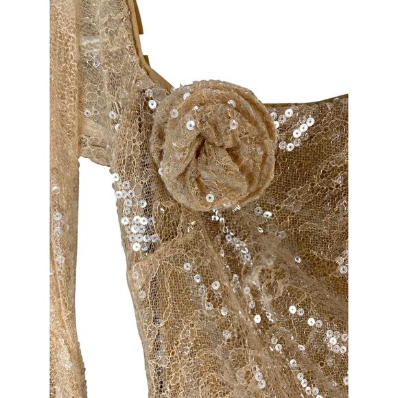 LPA Aniella Sequined Lace Gown Rosette One Shoulder Formal Party Champagne S - Picture 6 of 16